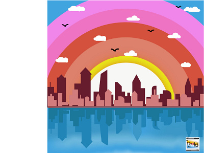 Buildings with rainbow Landscape illustration