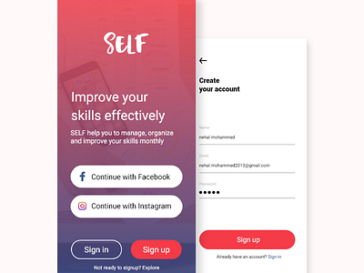 Sign up and log in Self app app design ui