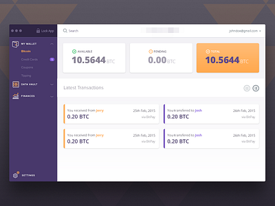 Wallet Bitcoin app dashboard desktop flat interface layout navigation sidebar ui ux vault wallet