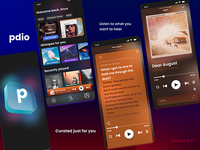 Pdio - Music player app branding dailyui dailyuichallenge design graphic design illustration logo music player musicapp musicplayer musicplayerapp ui ux vector