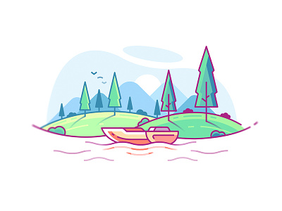 Lake boat flat forest green icon illustration lake nature outline river tree