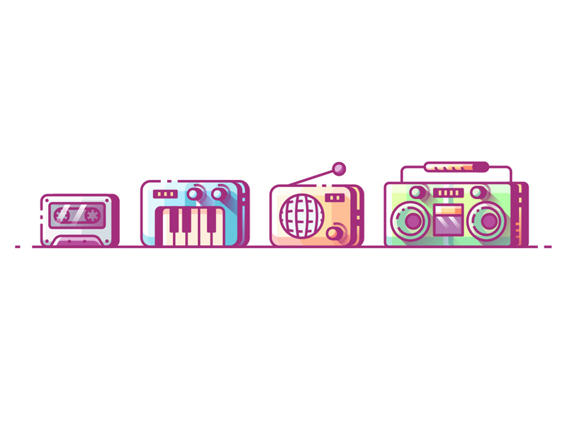 Music icons line color flat outline radio boombox piano music illustration icon