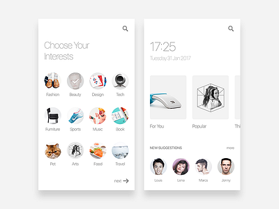 Choose Your Interests app clean concept interface mobile ui white