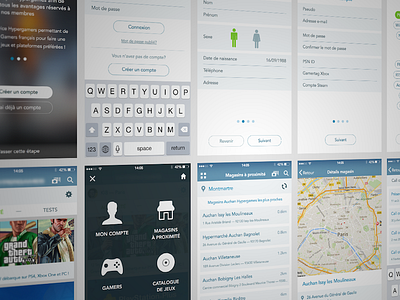 App Design for a french game shop app design form game interface ios iphone location map menu ui ux