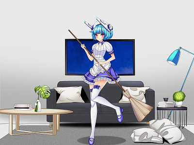 Anime Girl Mecha Clean the living room anime graphic design illustration livingroom