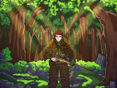 Anime Soldier Protecting the Forest anime dribbbleshot forest graphic design illustration soldier