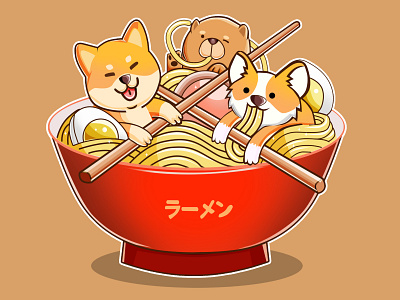 Shiba inu, Corgi, and chow eating ramen together anime chow corgi design dog dribbbleshot graphic design illustration logo shibainu vector
