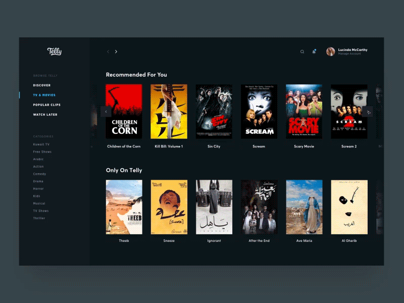 Telly - Dashboard app interaction minimal movies protopie streaming telly ui