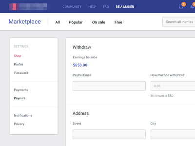 Marketplace Settings [wip] dashboard flat interface marketplace menu product purple settings simple ui web