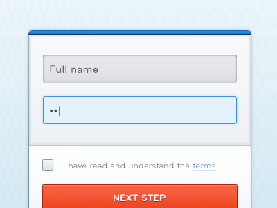 Sign up blue box button form grey input login name password red sign up ui ux web website