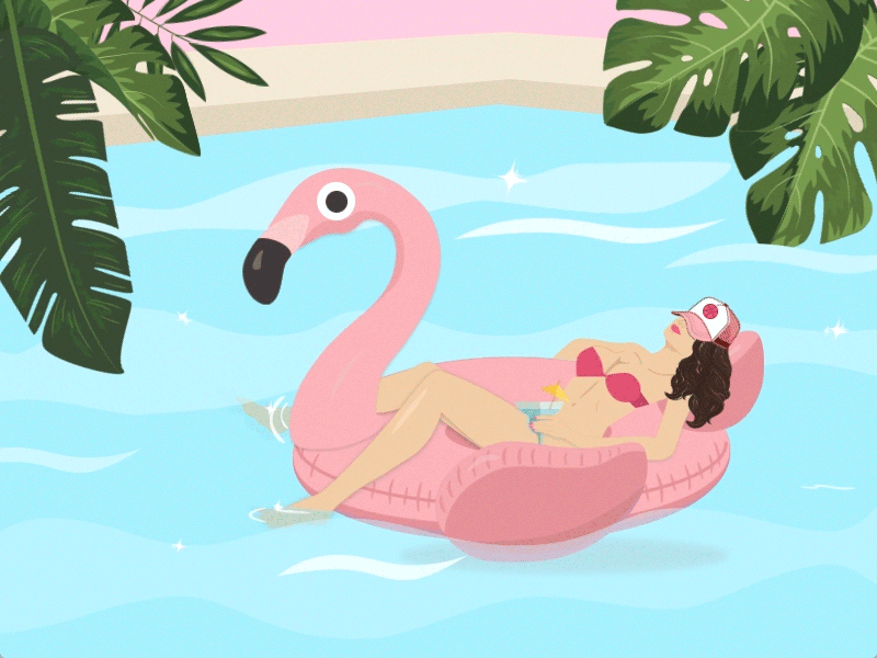 Chilling out animation gif girl pink pool relax summer vacation