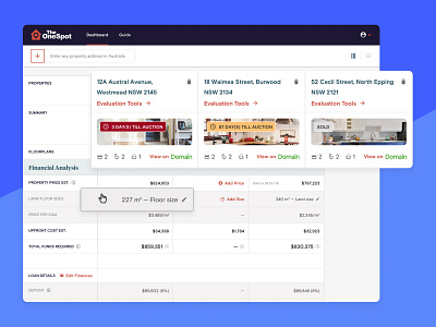 Compare Properties - Exploration .sketch column compare dashboard grid icons inspection lean nsw product design property proptech real estate responsive design selector startup sydney ui web app website
