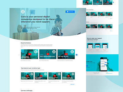 Cora Homepage chatbot health homepage illnesses injuries insurance landing page mobile product design sketch tiles ui videos web design