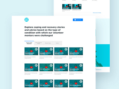 Cora Content Page chatbot clean health illnesses injuries insurance landing page minimalistic nav bar product design sketch tabs thumbnails ui videos web design