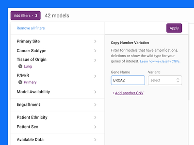 A filter menu for oncology researchers