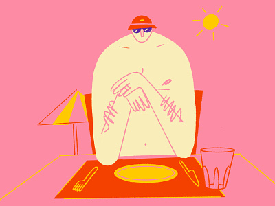 There's no wrong time for pizza beach character food holidays hot human illustration luch man person restaurant summer sun vacations waiting