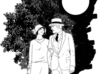 Romantic Drawing black and white comic art couples illustration love moonlight vintage walking