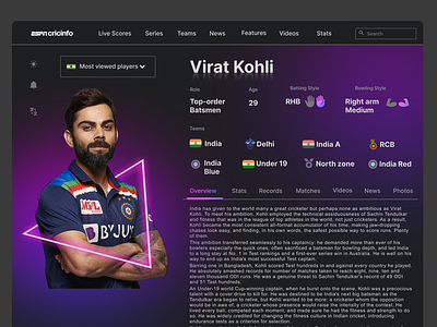 Player profile redesign cricket design player profile ui ux ux design virat kohli