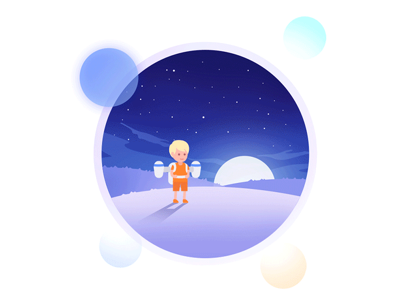 Flight test animation backpack boy flame flight illustration planet space test