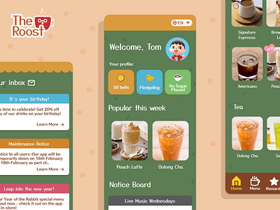 Animal Crossing Cafe Loyalty App | UI Project acnh animal crossing animalcrossing branding cafe cafe app coffee coffee app cute games gaming graphic design nintendo tea ui ui design uiux user interface user interface design videogame