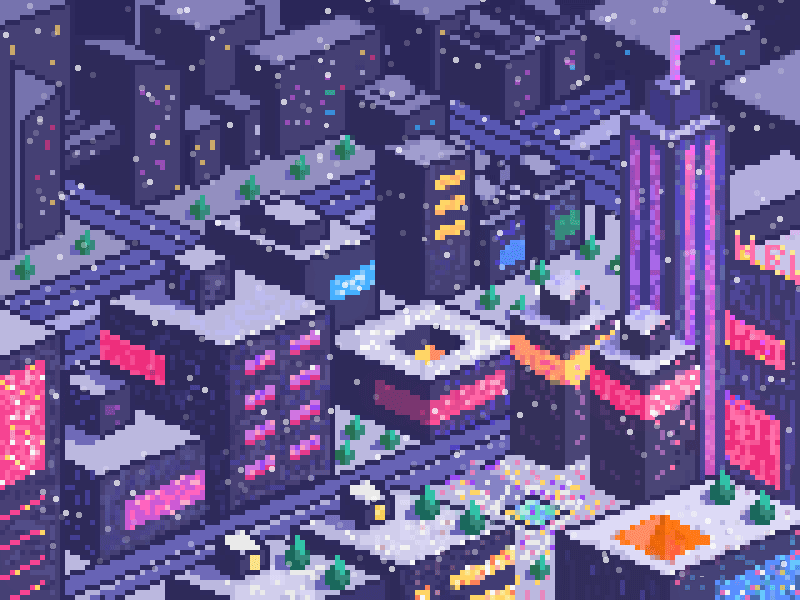 Pixel City 8bit animation city colourful illustrations night pixel snow