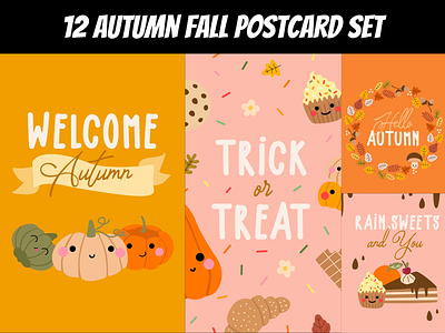 12 Autumn Fall Postcard Set branding desi design graphic design illustration logo typography ui ux vector