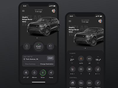 Range Rover Connected Car - Mobile App application car clean ui connected car creative dark dashboard design inspiration land rover minimal mobile app range rover remote controll ui ux vehicle velar