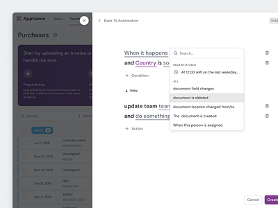 Automation Rule Builder page application automation builder clean ui crm dashboard design inspiration invoice modal purple rule saas sidebar ui ux web app