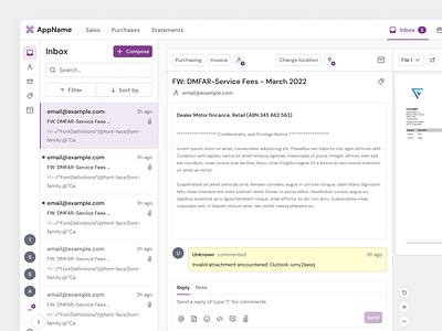 Inbox page application builder clean ui design email form inbox inspiration invoice letter mail menu purple saas sidebar ui ux