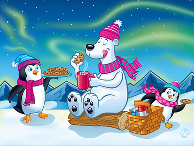Polar Bear Getting Cookies from Penguins cookies penguins polar bear snow winter wintertime