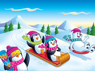 Penguins On A Toboggan, Polar Bear on Sled fun penguins polar bear snow sled toboggan winter wintertime