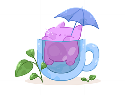 The cat in the mug abstract adobe illustrator blue cat character cute cute animals flat green illustration kawaii little mug pink plants pretty relax sleepy stars umbrella