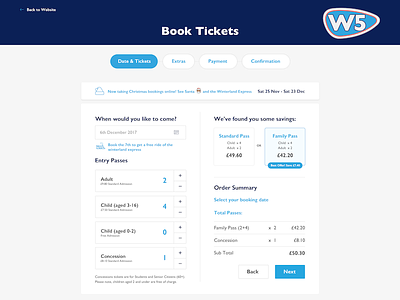 Booking System book booking cards entry party selection selection box selector ticket tickets ux