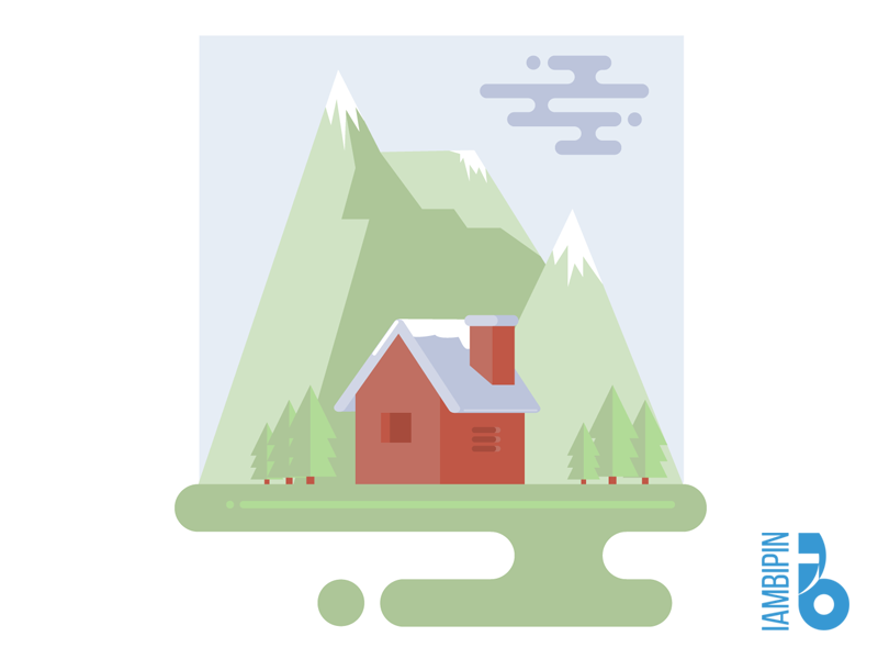 Landscape Flat Design | Ai invites clouds snowy mountains pine trees flat design landscape