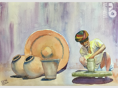 Indian Potter | Watercolor Painting aquarelle contemporary art illistration painting traditional art watercolor