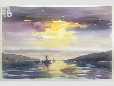 Evening Sky | Watercolor Painting boats contemporaryart evening illustration landscape painting sky watercolor