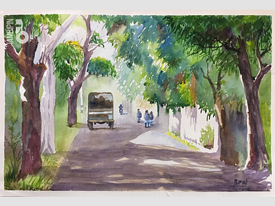 Roadway | Watercolor Painting contemporaryart greenery illustration painting road trees