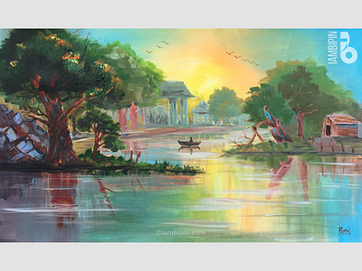 Sunset | Acrylic Landscape Painting on Canvas acrylic painting golden light landscape illustration painting on canvas sky sunset traditional art