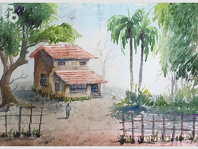 Traditional South Indian House | Watercolor Painting greenery home house landscape illustration light and shadows watercolor painting