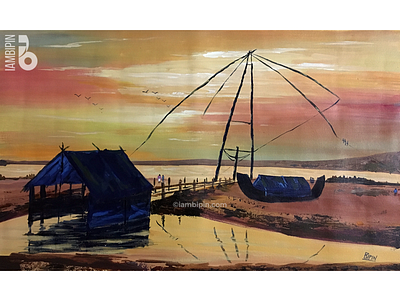 Sunset | Acrylic Landscape Painting on Canvas acrylic painting boat fishing net golden light landscape illustration painting on canvas sunset traditional art