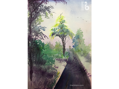 Road Amidst Lush Greenery | Watercolor Painting greenery landscape illustration lush road traditional art trees watercolor painting watercolour