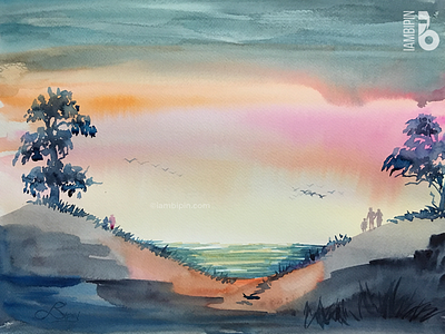 Sunset | Watercolor Painting landscape painting sky sunset trees watercolor illustration