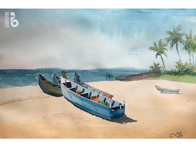 Fishing Boat | Watercolor Painting beach fishing boat seashore trees watercolor illustration