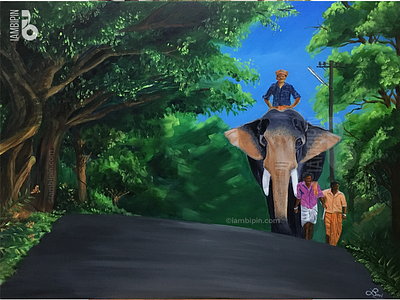 Elephant & Mahouts of Kerala | Acrylic Painting on Canvas acrylic painting elephant greenery landscape illustration painting on canvas traditional art