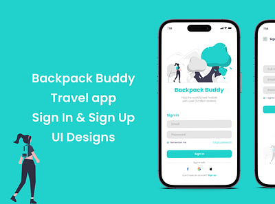 BACKPACK BUDDY TRAVEL APP SIGN IN & SIGN UP UI DESIGNS app design figma illustration mobile app ui ui ui design uiux ux xd