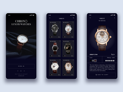 Chrono Luxury Mobile App UI Design android app design figma ios luxury watch app mobile app ui ui ui design uiux watch app