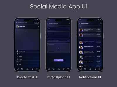 Social Media App UI app create post design figma graphic design mobile app ui notifications photo upload profile social media ui ui design uiux
