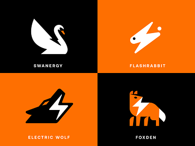 electric logos animal bolt clever creative design electric electricity electronic flash fox logo minimal negative space rabbit simple swan thunder wolf