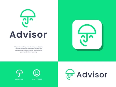 advisor insurance advice advisor clever consultancy consulting creative design face happy insurance joy life logo minimal safe simple umbrella