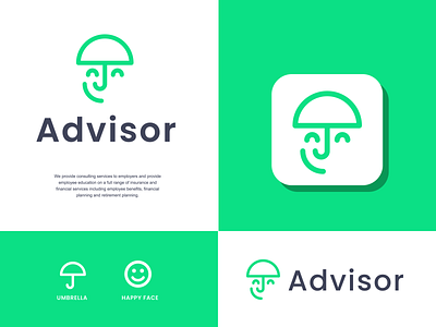 advisor insurance advice advisor clever consultancy consulting creative design face happy insurance joy life logo minimal safe simple umbrella